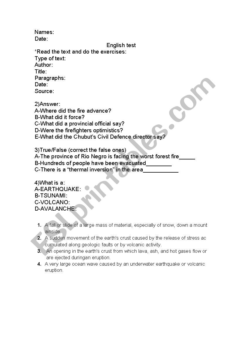 natural disasters worksheet