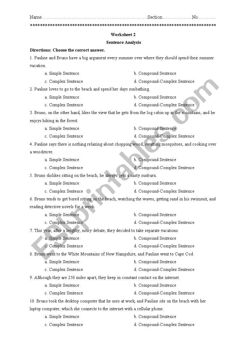 Types of sentences worksheet