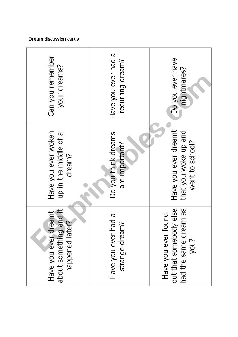 Dream discussion cards  worksheet