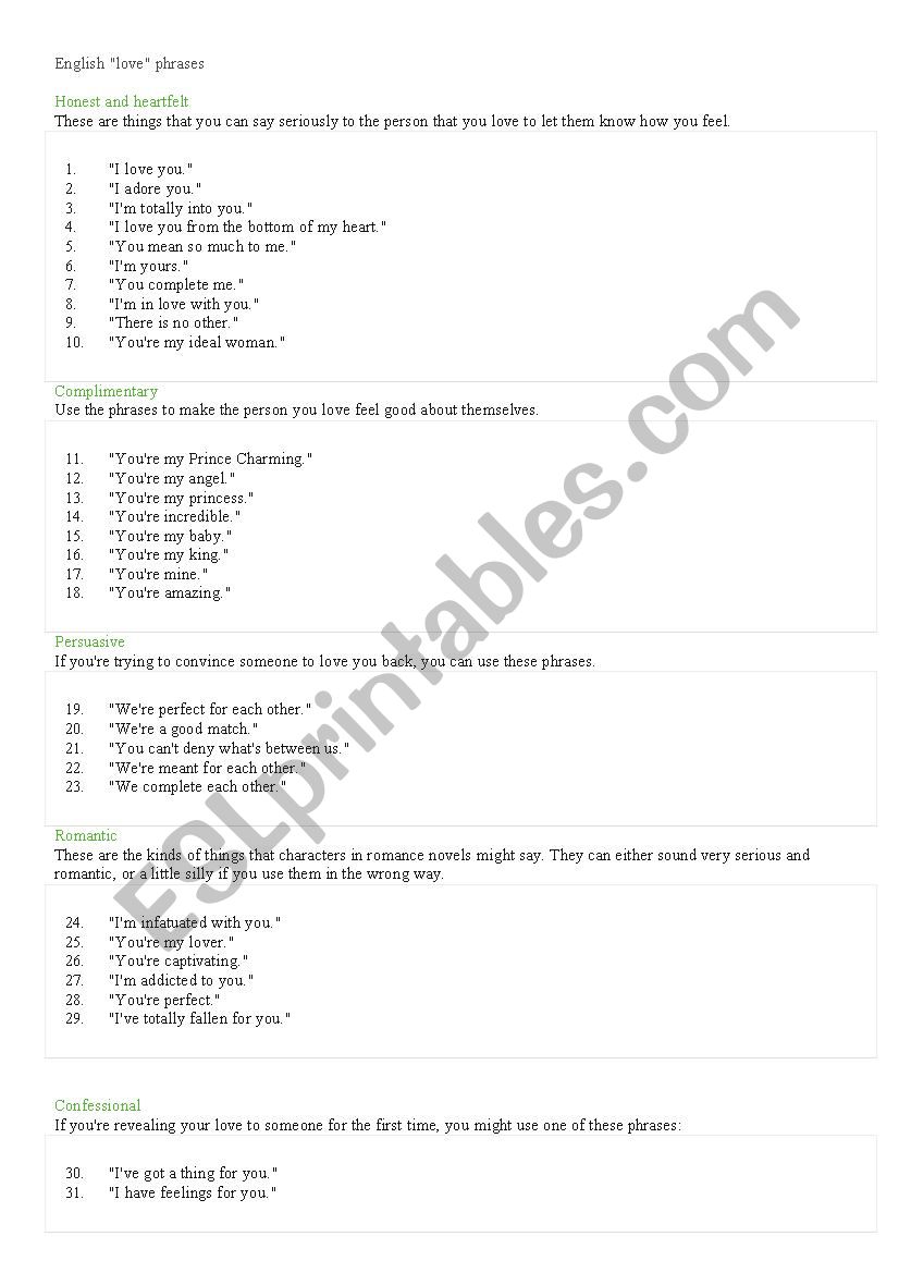 love phrases worksheet