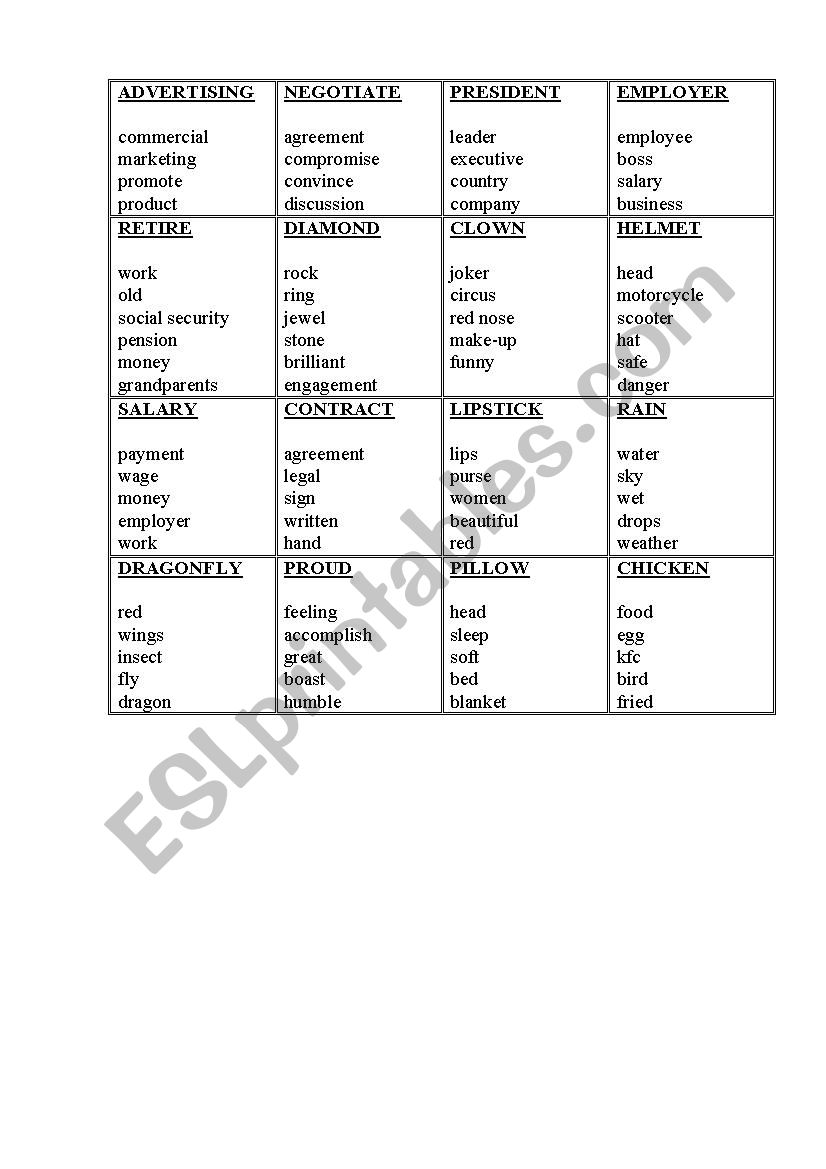 Taboo cards worksheet