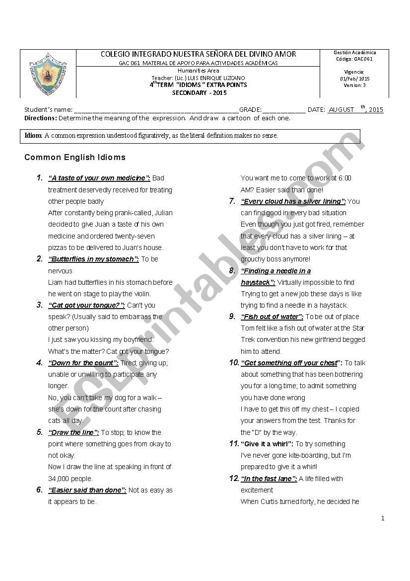 idioms  worksheet