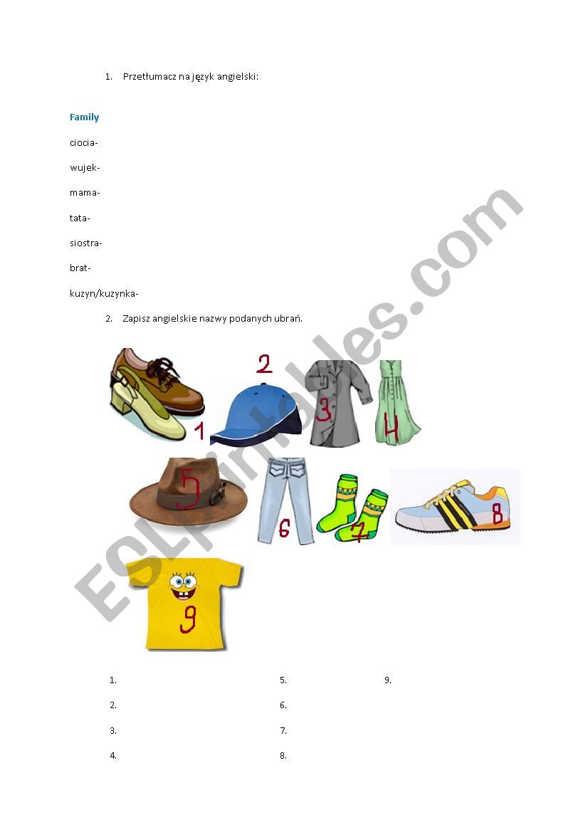 Family and clothes worksheet