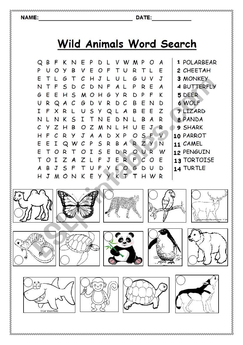 Wild animals word search worksheet