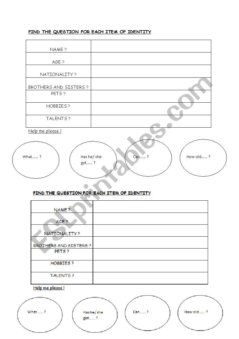 questions about identity worksheet