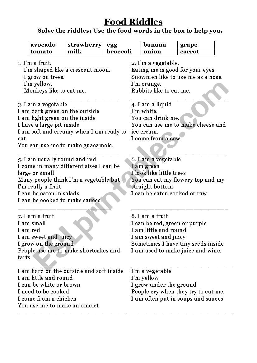 food riddles worksheet