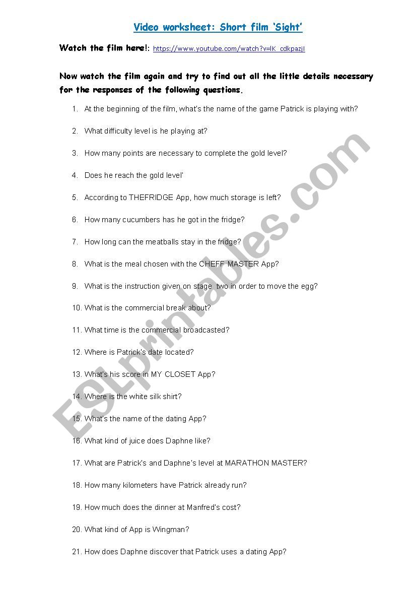 Short film SIGHT (QUESTIONS) worksheet