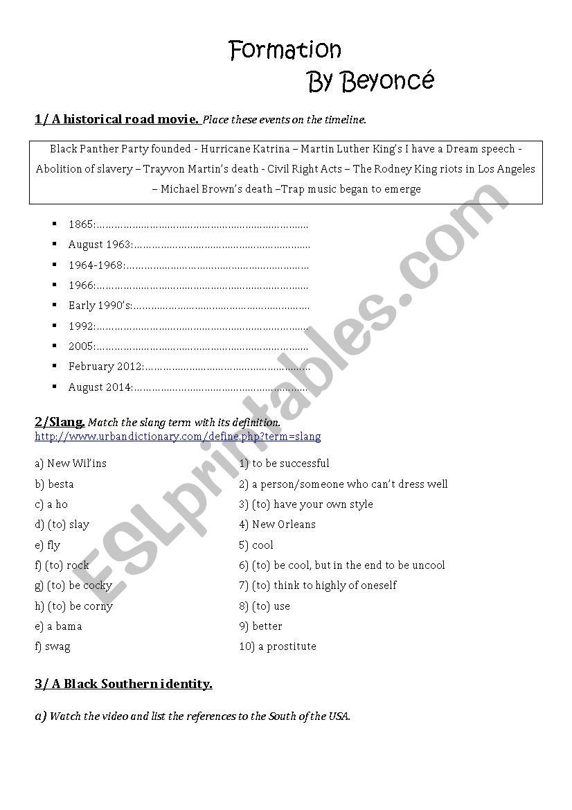 Formation by Beyonce worksheet