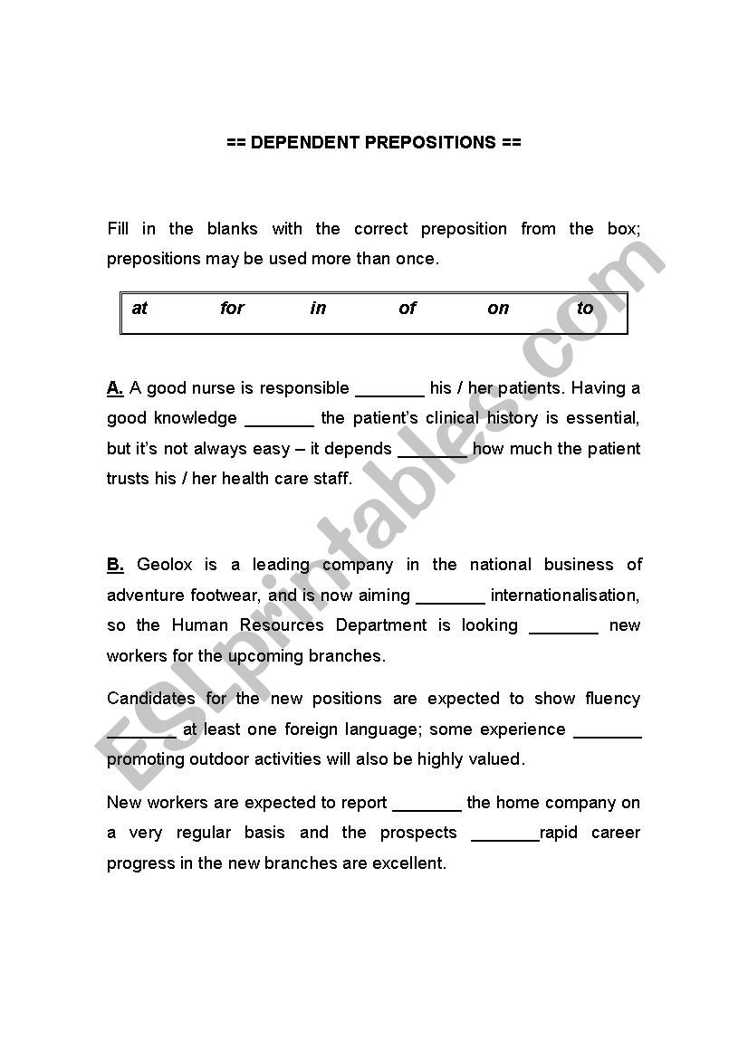 Dependent prepositions - practice exercises