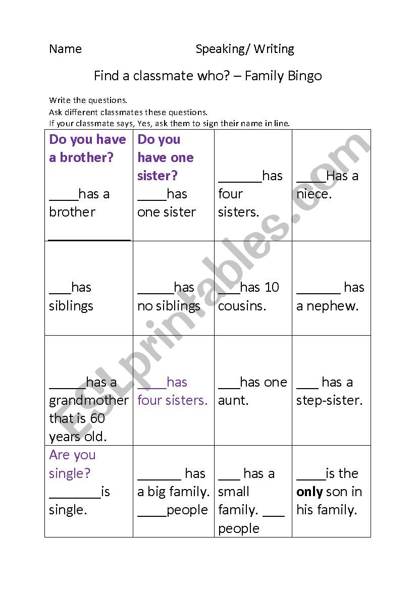 Family Bingo worksheet