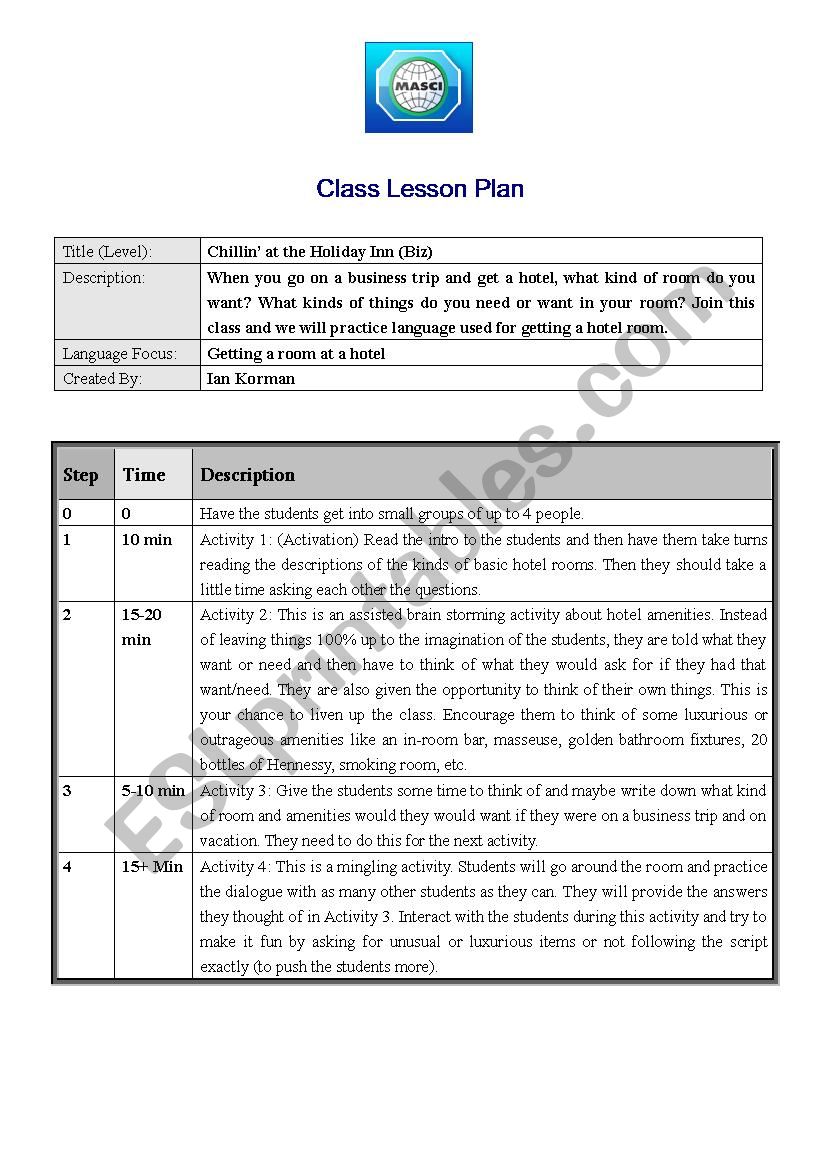 Chillin at the Holiday Inn - Lesson Plan & Key