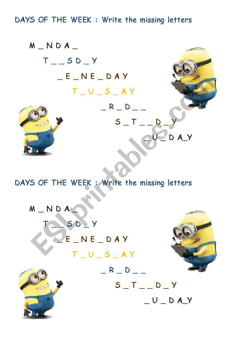 DAYS OF THE WEEK - WRITE THE MISSING LETTERS