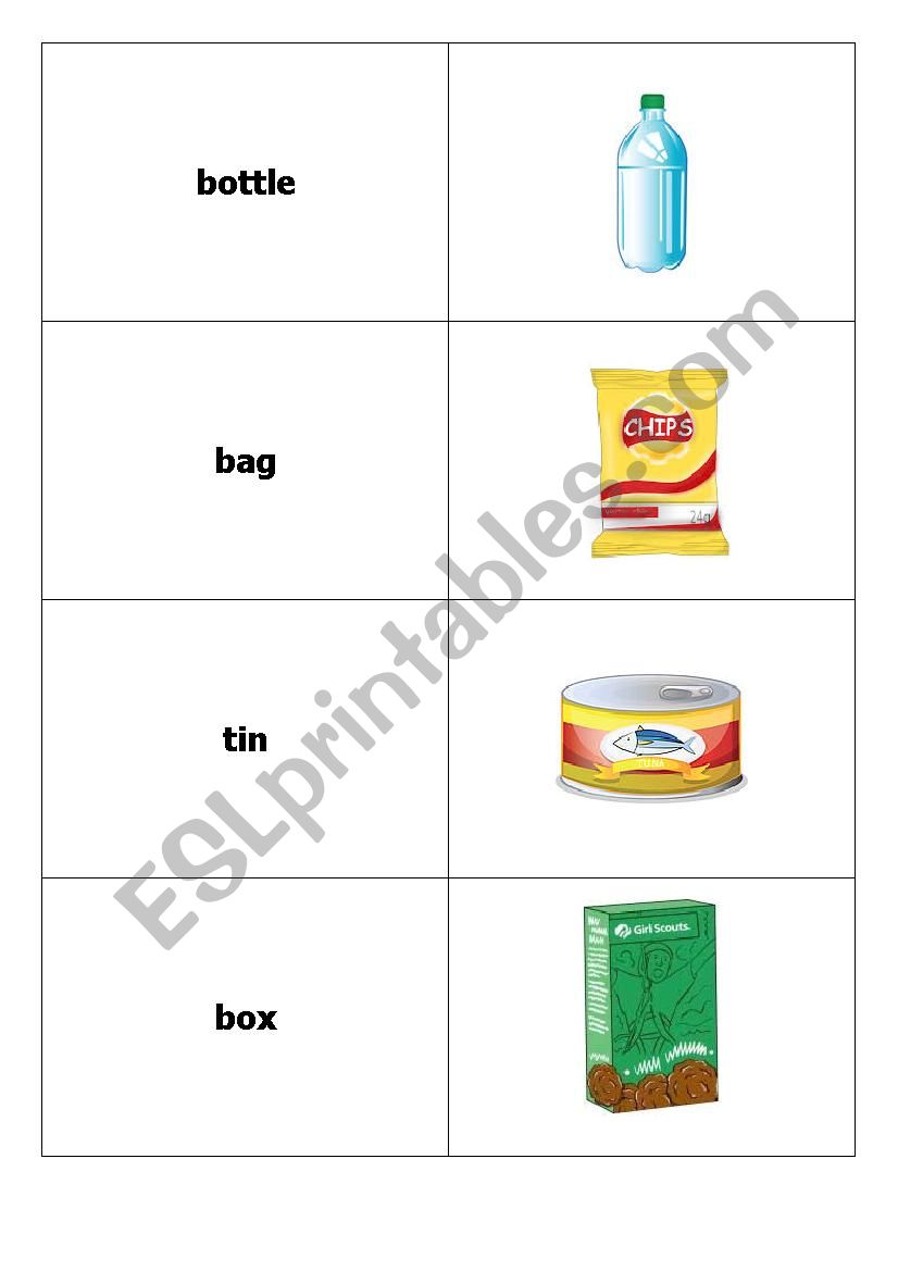 Flash-cards: Food Containers worksheet