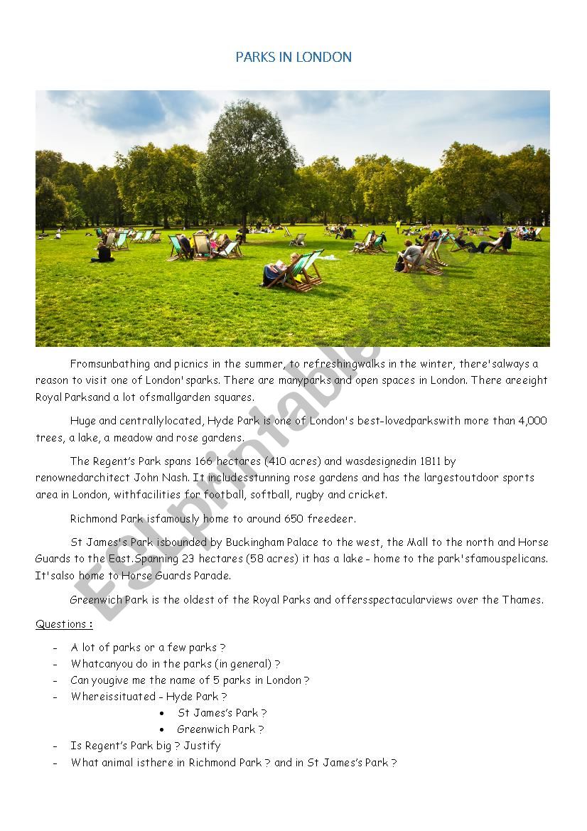 Parks in London worksheet