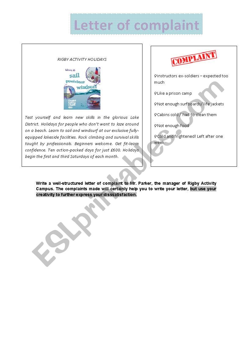 Letter of complaint  - Rigsby Activities