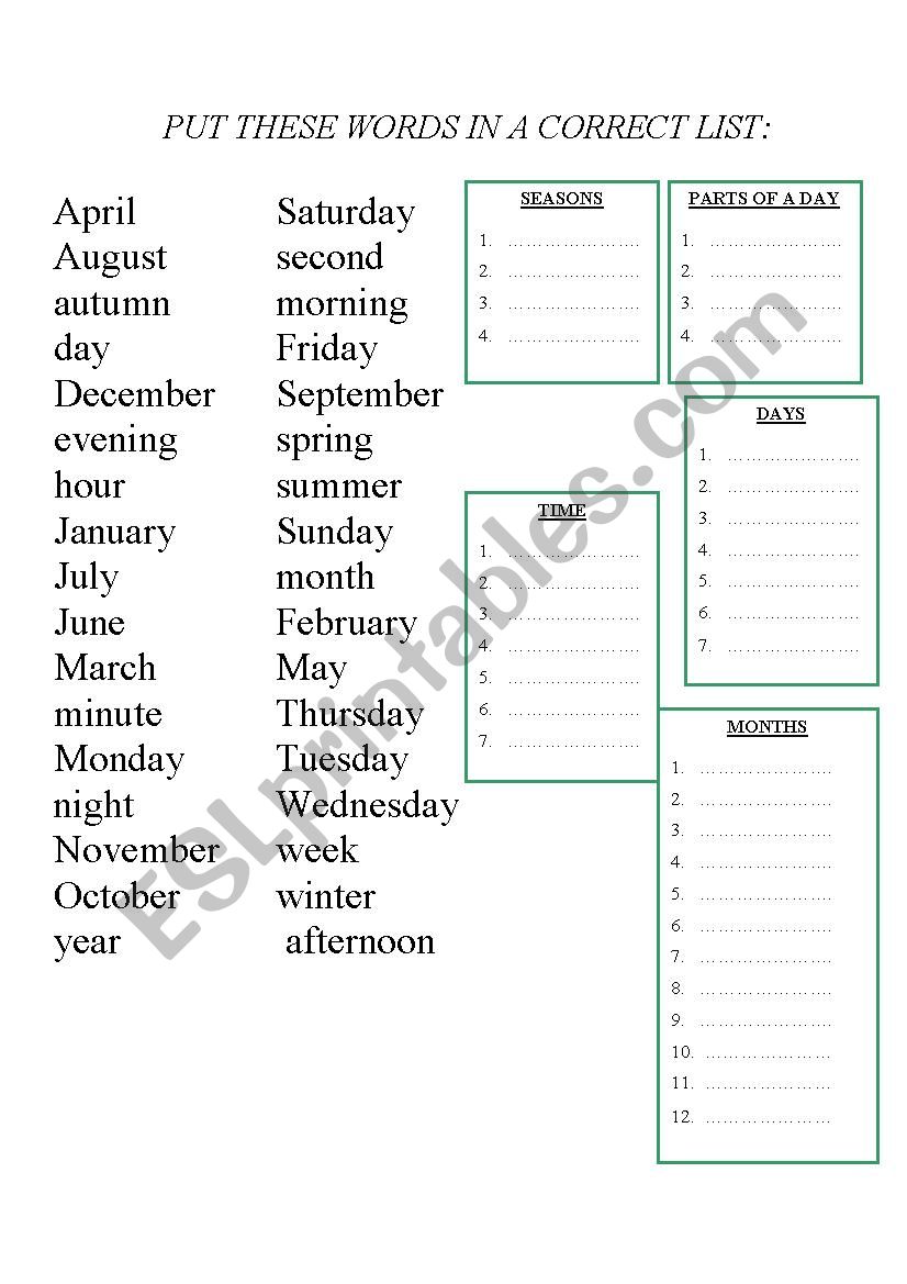 Seasons, Time, Parts of the day, Days of the week, Months