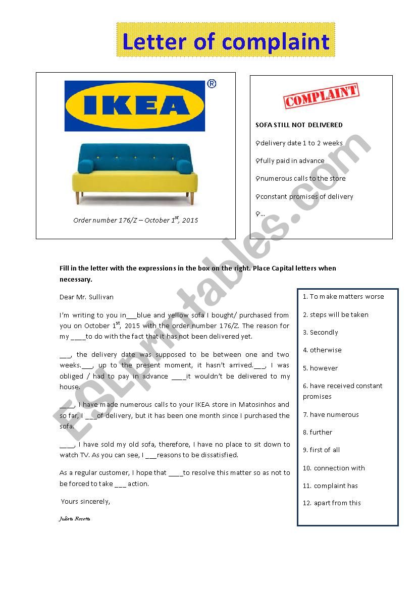 Letter of complaint - IKEA sofas