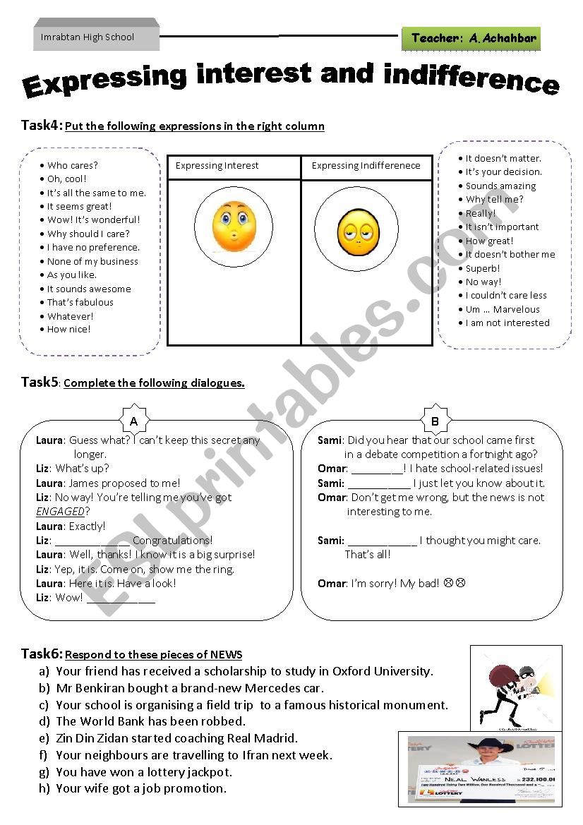 Functions- Expressing interest and indifferenece handout