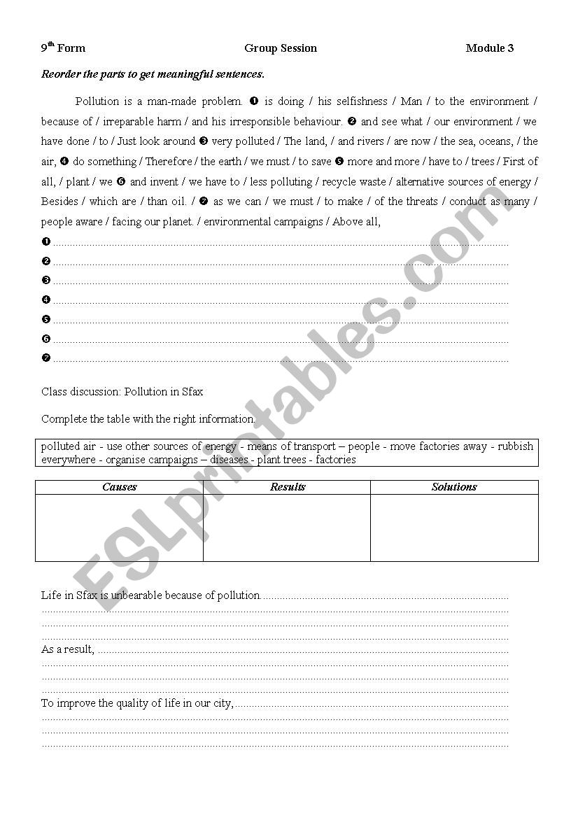 Group Session Pollution worksheet