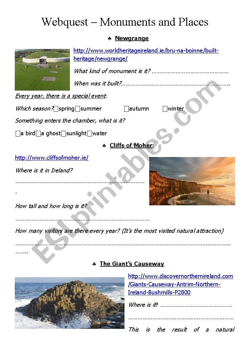 Webquest - Places of Ireland worksheet