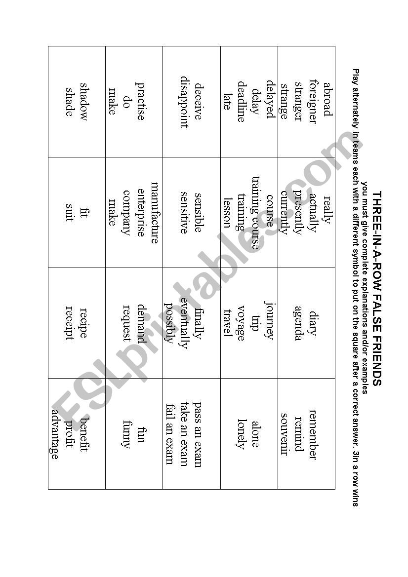 Three in a row false friends worksheet