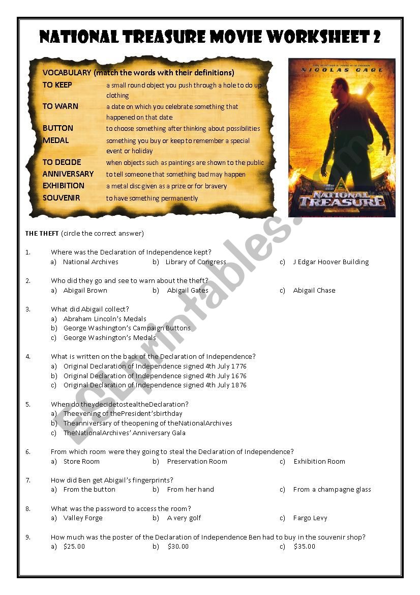 National Treasure Movie Worksheet 2
