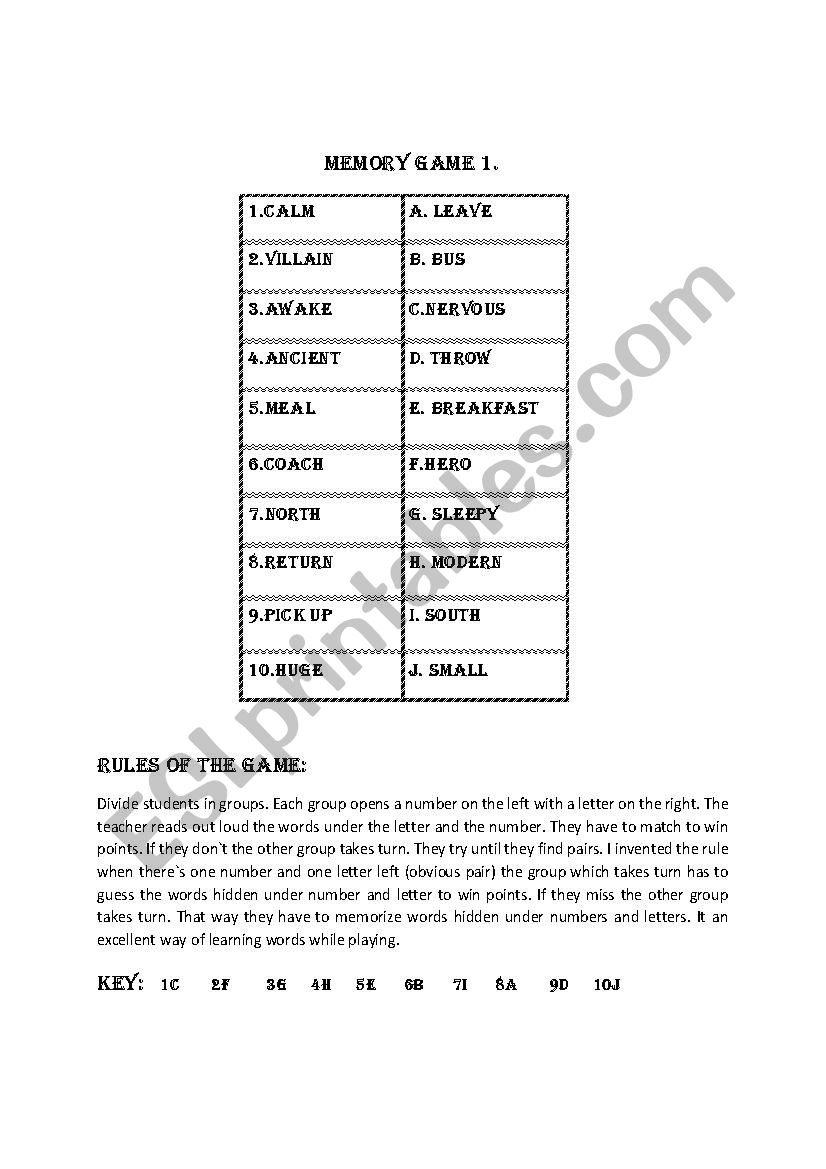 Memory game 1. worksheet