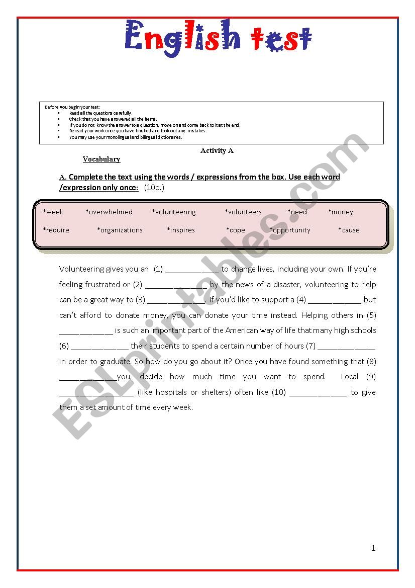 Volunteering worksheet