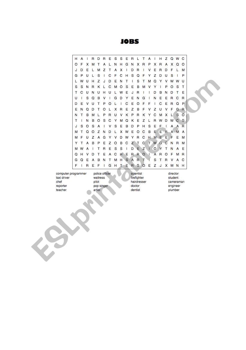 Jobs Word Search worksheet