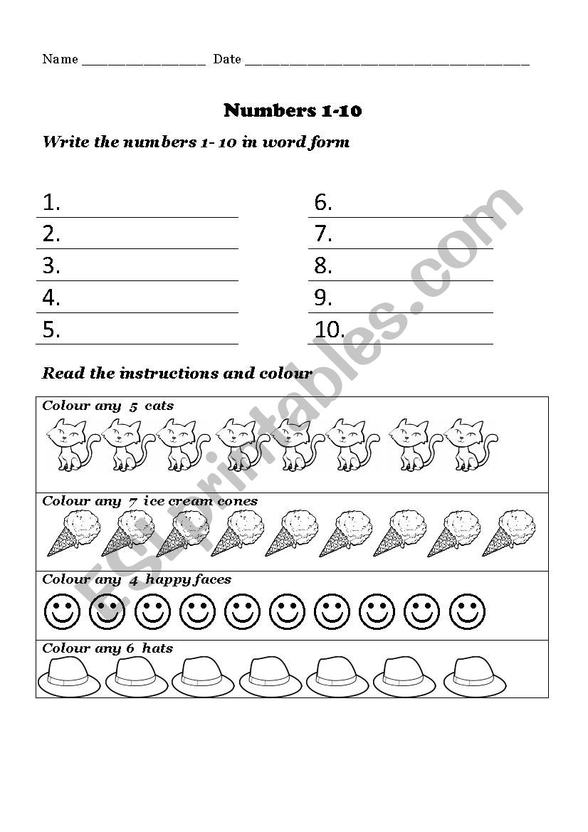 numbers 1-10 worksheet