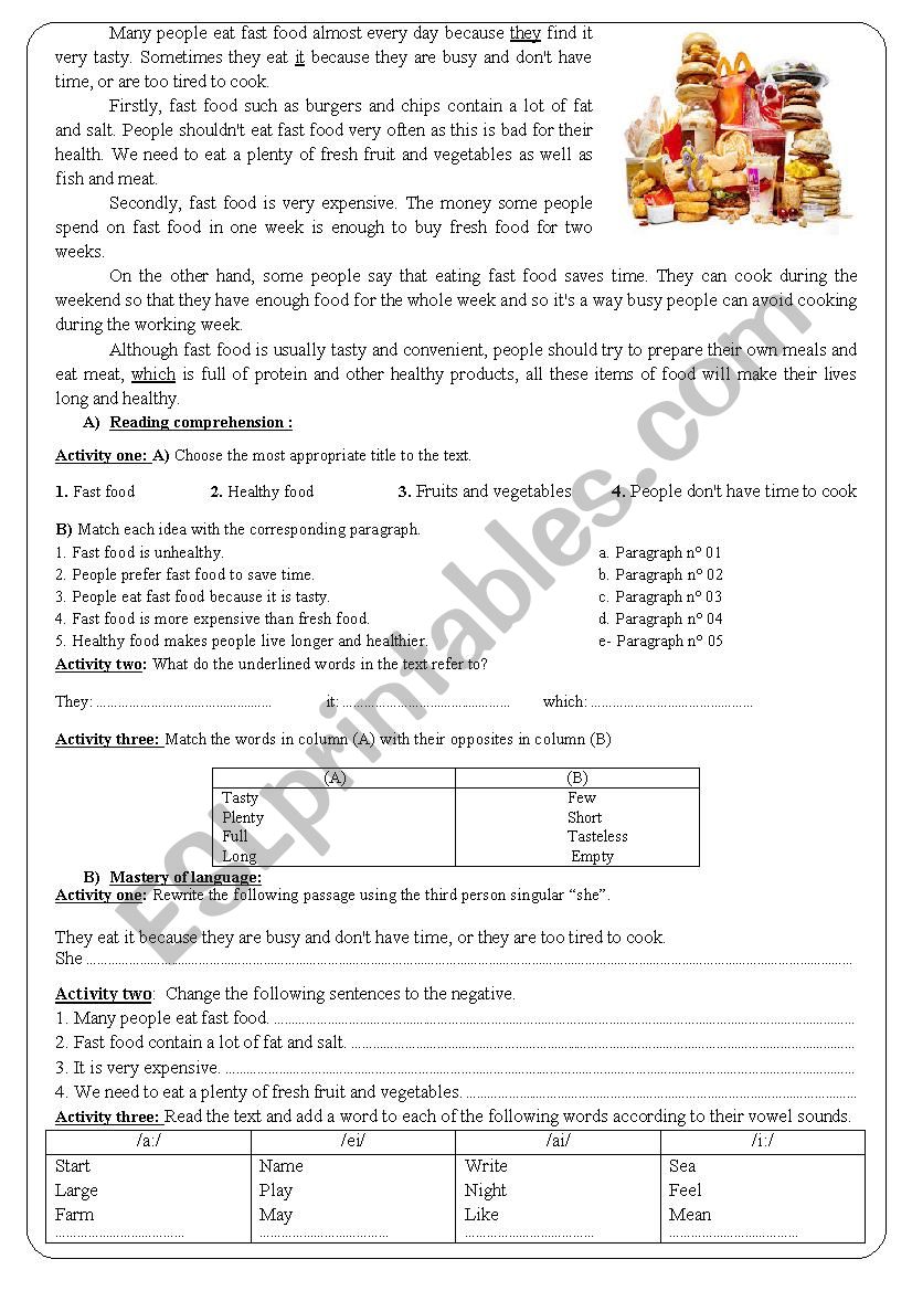 fast food worksheet