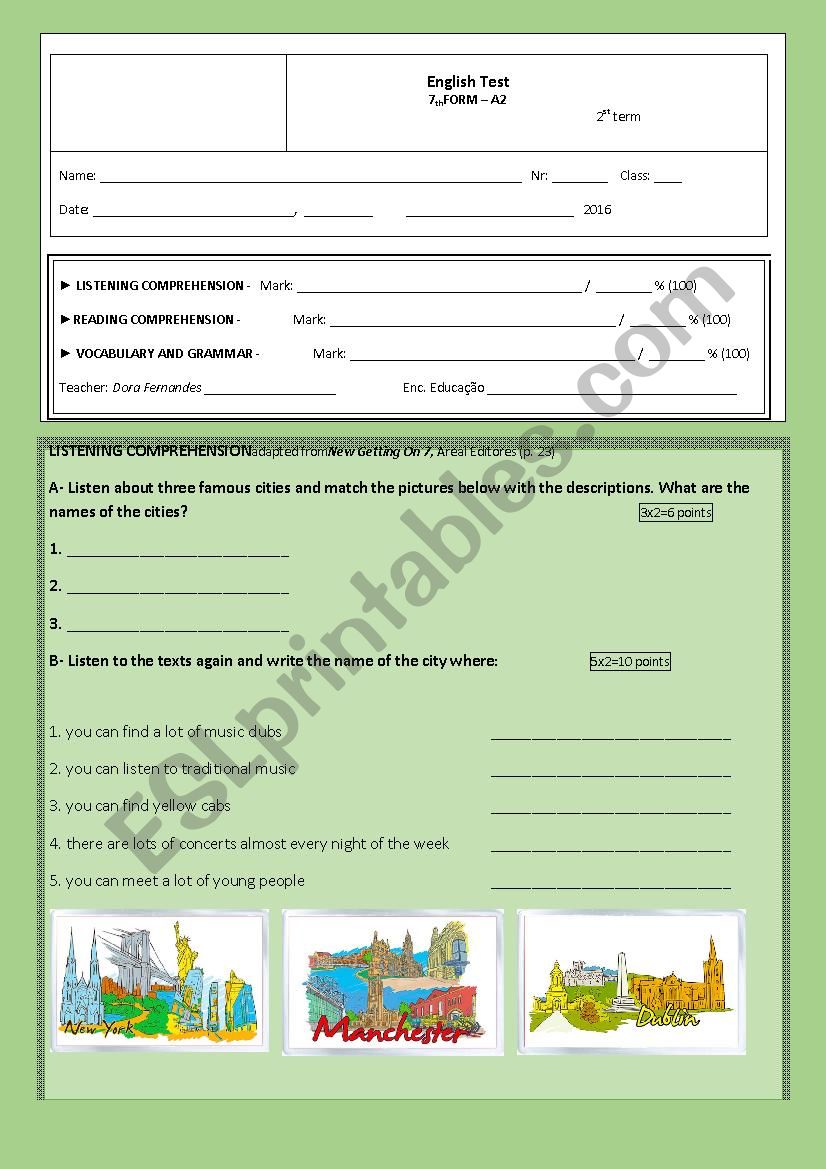 Test about Places in the city worksheet