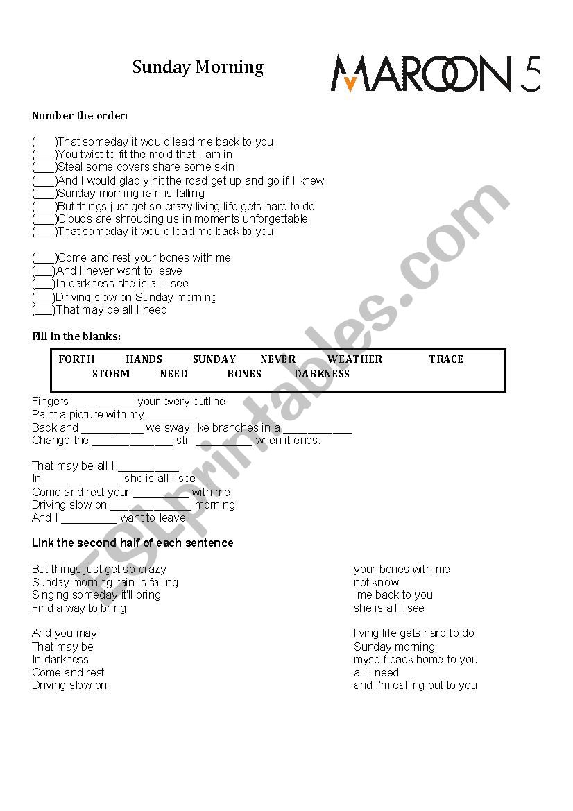 Sunday Morning- Maroon 5  worksheet