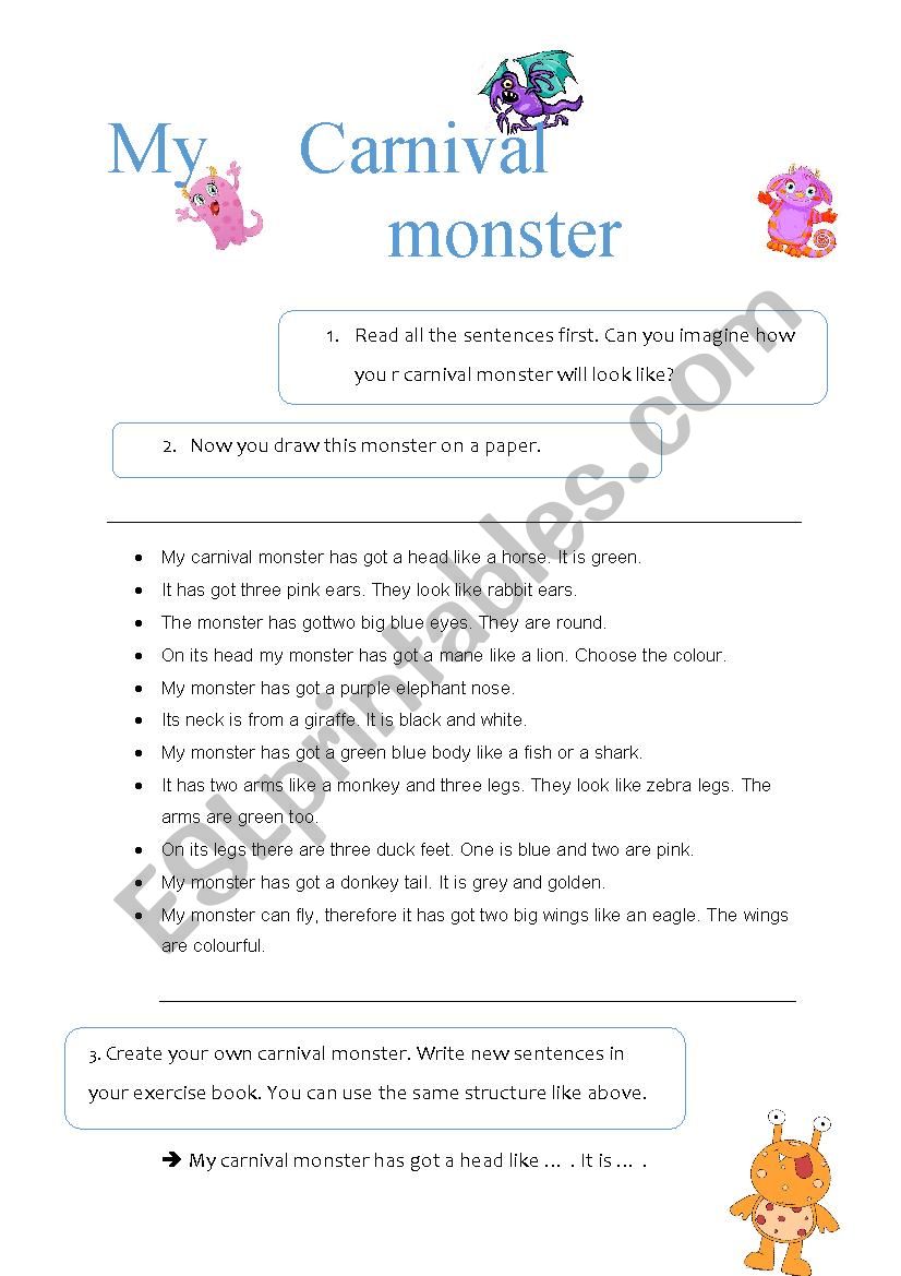 carnival monster worksheet