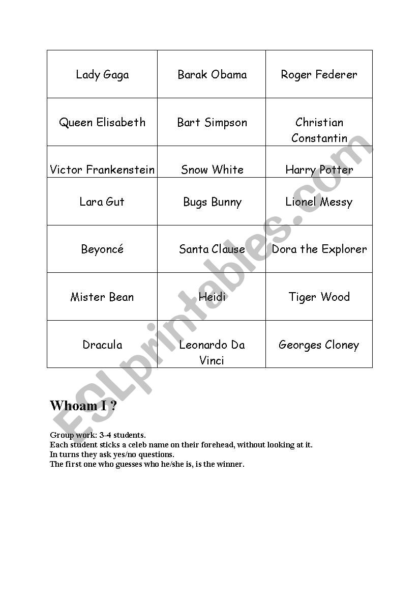 Who am I? Celebrity game. worksheet