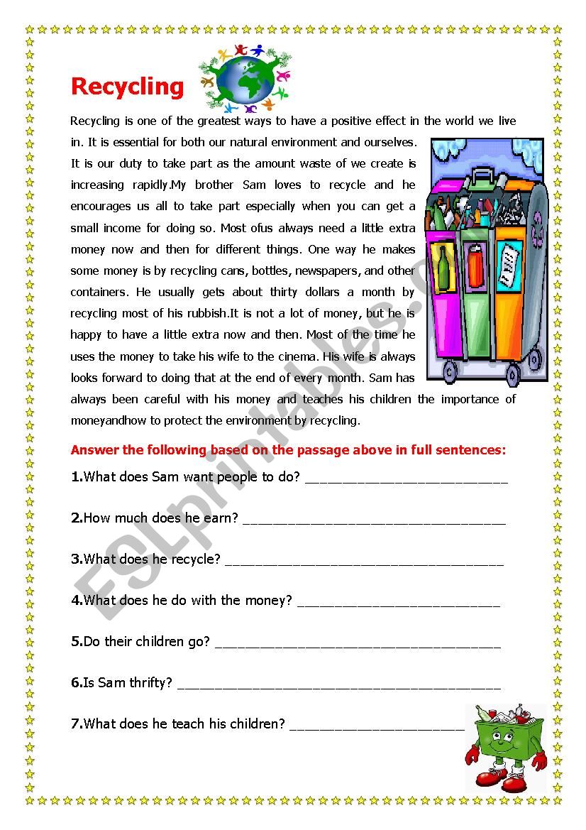 Recycling worksheet