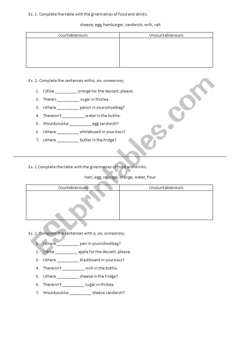 Countable and uncountable nouns short test