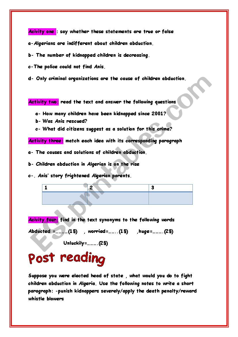 child abduction worksheet