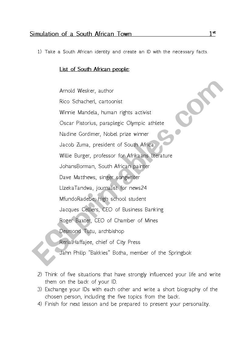 South Africa worksheet