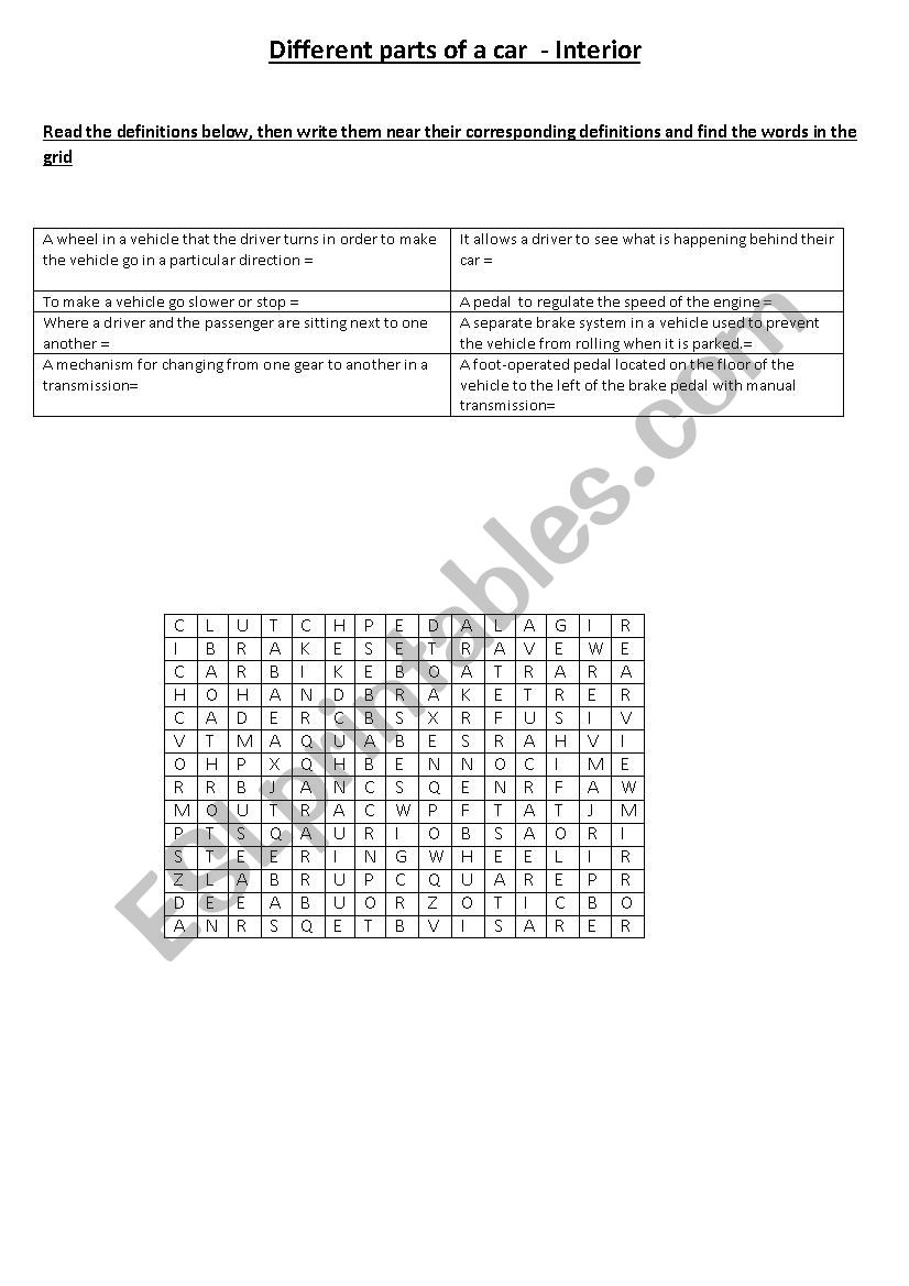 Car interior definitions worksheet