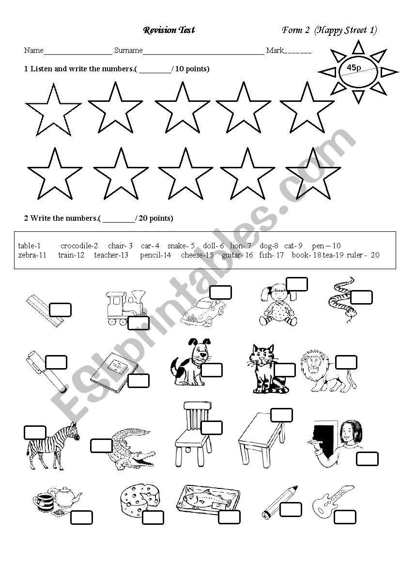 Revision test worksheet