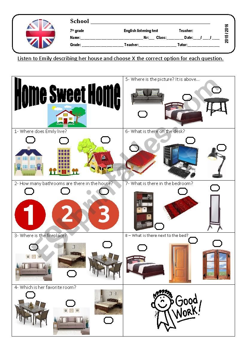 Listening test - House worksheet