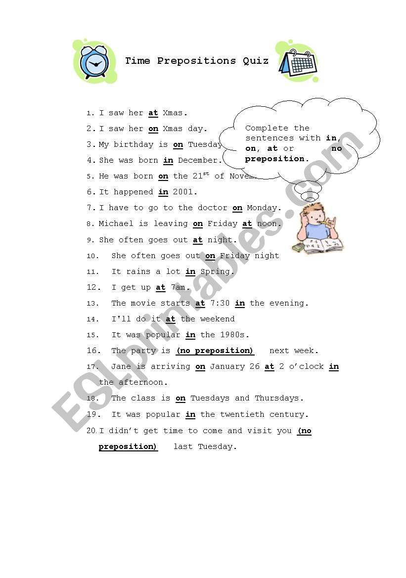Time prepositions quiz worksheet