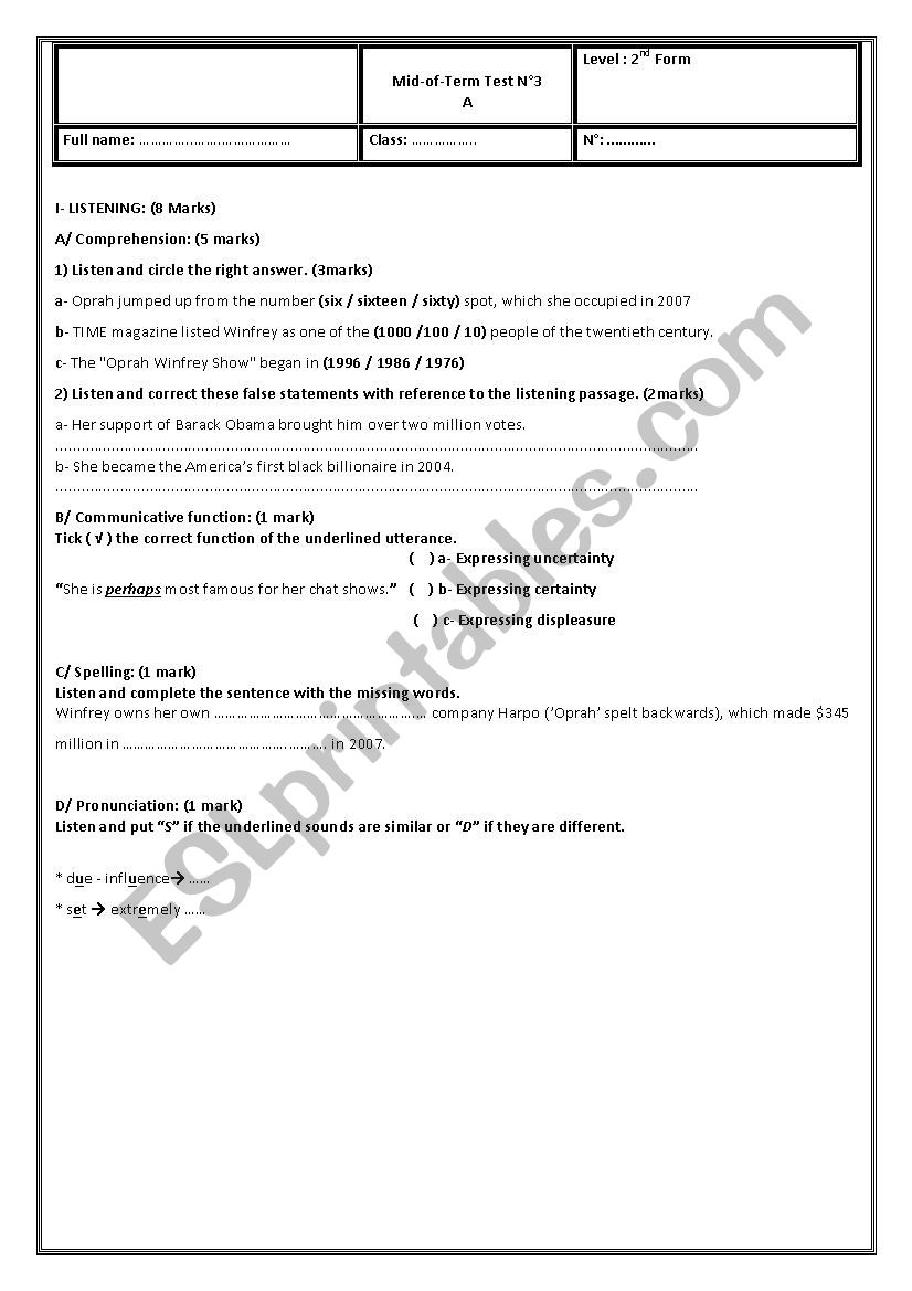 second form worksheet