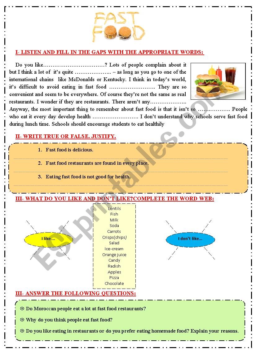 FAST FOOD: Listening, reading,and writing  activities