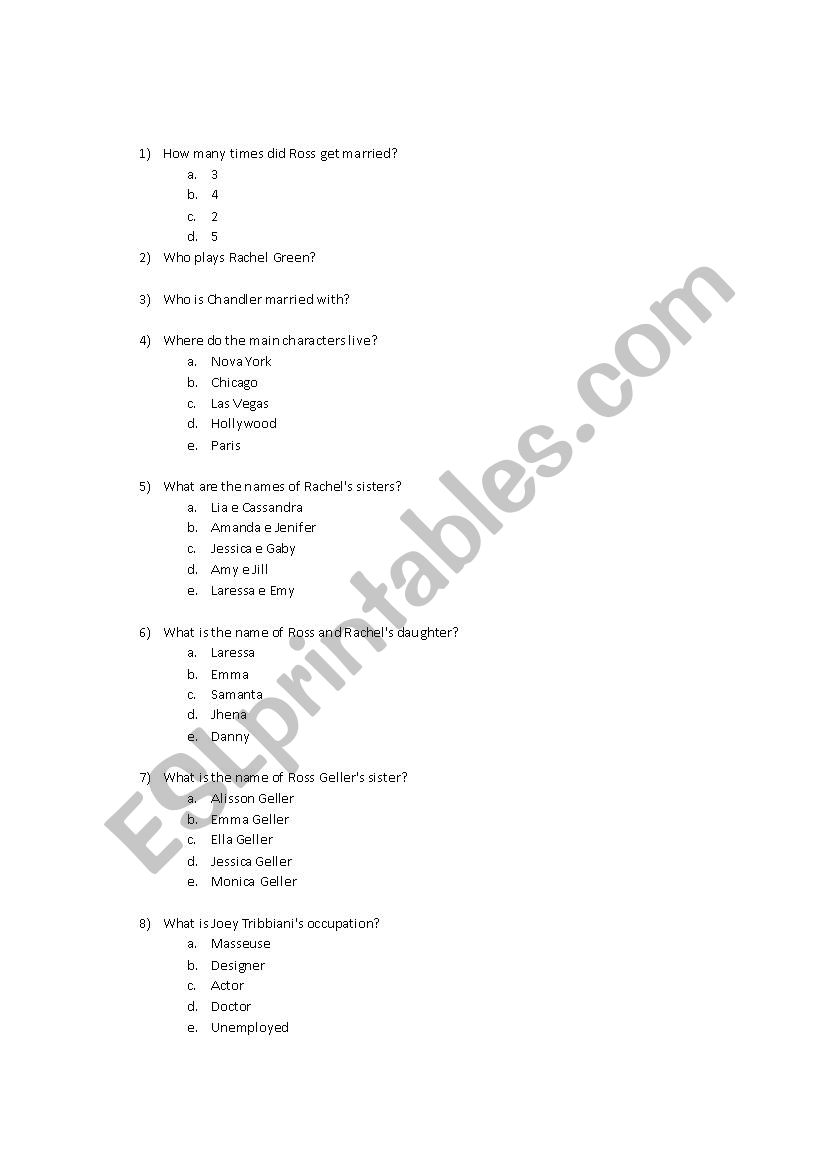 friends tv show quiz worksheet