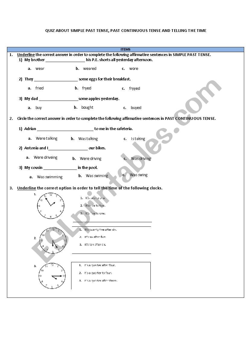 QUIZ ABOUT SIMPLE PAST TENSE, PAST CONTINUOUS TENSE AND TELLING THE TIME