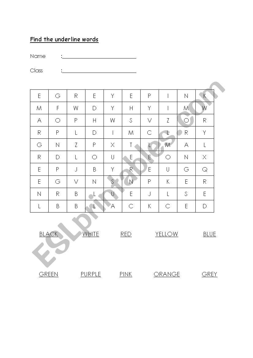 words search - colours worksheet