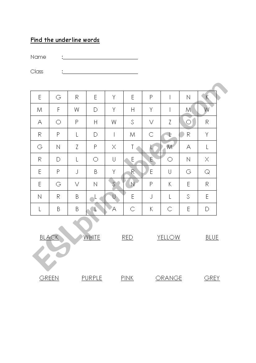 words search - colours worksheet