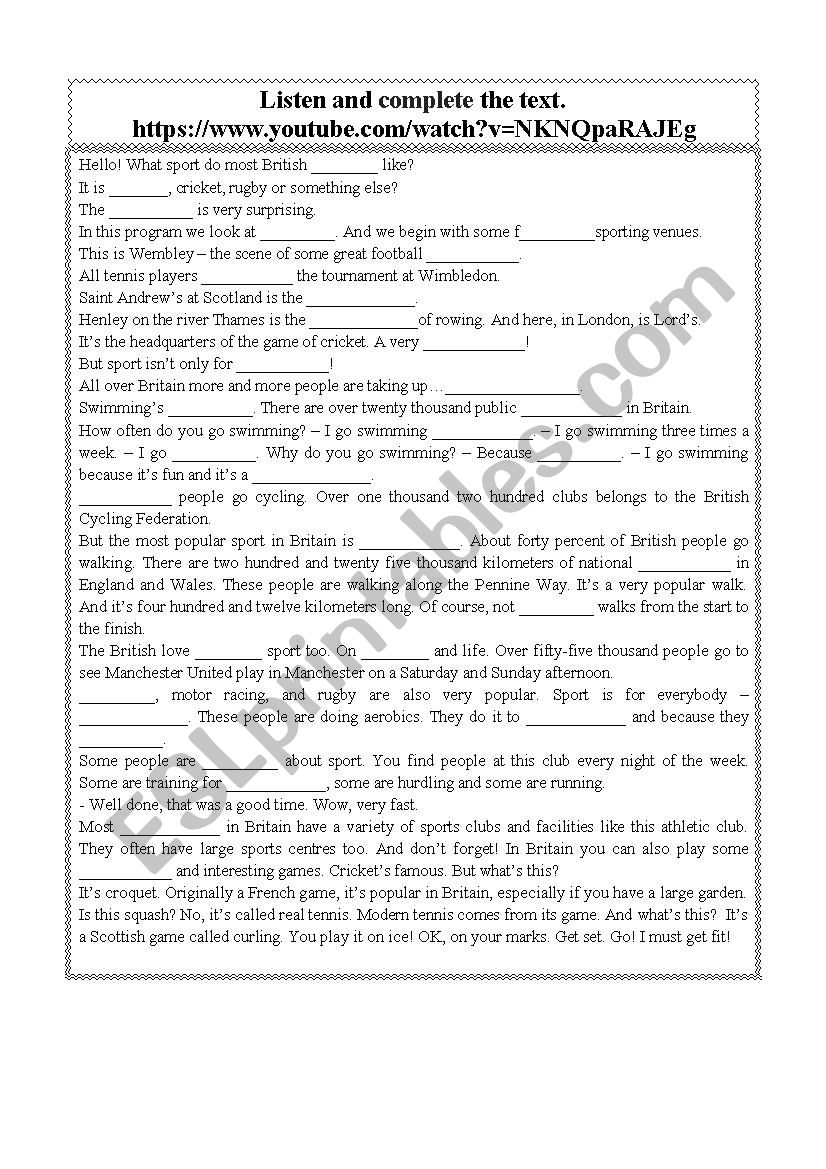 Sports. Window on Bratain. worksheet